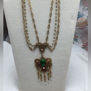 😎30%off Vintage ART Design Gold and Green Statement Necklace With Pearls #27SN